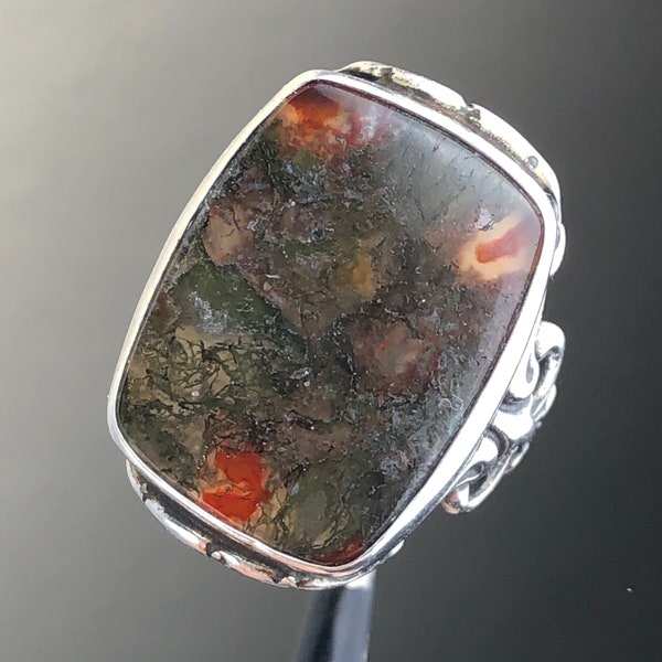 Vintage GFMW Art Nouveau Style Green Moss Agate Statement Ring/Dendritic Agate Collectible Ring/Great Falls Metal Works/Size 6.5