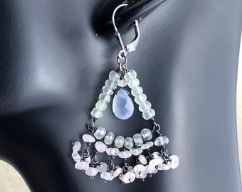 Vintage Sterling Silver Chandelier Earrings: Pastel Gemstone Boho Jewelry