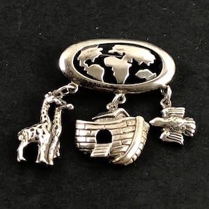 Dakota West Design Southwestern SHUBE, carte du monde en argent sterling 925, arche de Noé, Thunderbird, girafes, broche/épingle