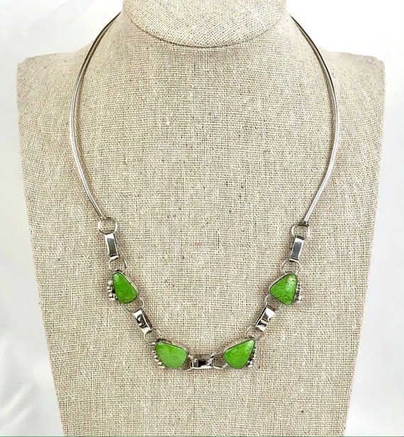 Rare D/L Garcia Signed Green Gaspeite Sterling Silver Necklace / Native American Navajo Artisan-Signed Necklace / Approximately 18â-Long