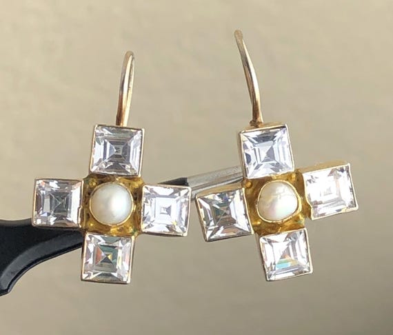 Boucles D'oreilles Anciennes En Or Blanc/argent Vermeil - Serties De Saphirs Bleus Véritables - Modèle Pendantes Dormeuses