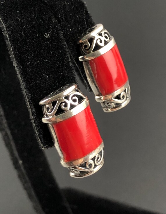 Sterling Silver and Red Composite Scroll Rectangu… - image 4