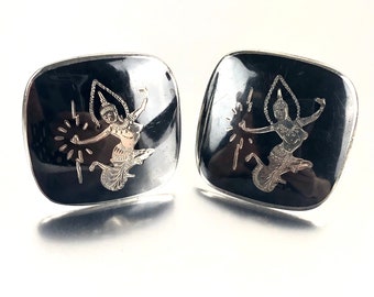 Vintage Siam Niello Dancer Sterling Silver 925 Cufflinks