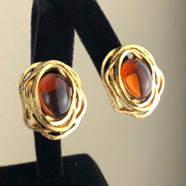 Napier “Bird’s Nest" Earrings by Eugene Bertolli/1973 Napier Catalogue/Brutalist Brushed Gold Tone/Topaz Color Cabochon/50-Year Anniversary