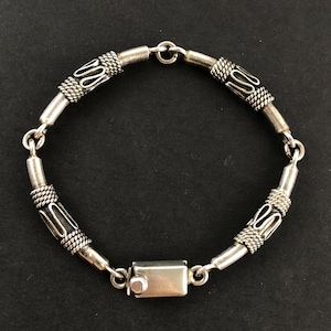 Taxco Sterling Silver Tube Link Bracelet: Tribal Scroll Design, 7.5”