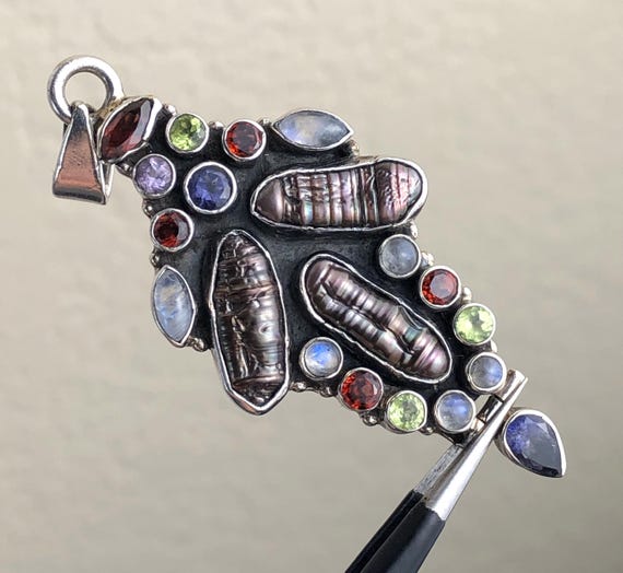 Multi Gemstone Sterling Silver Pendant: Baroque P… - image 1