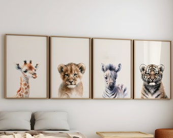 Set of 4 Nursery Safari Baby Animal Prints, DIGITAL DOWNLOAD, nursery wall art, baby animal nursery decor, watercolour animals, kids room.