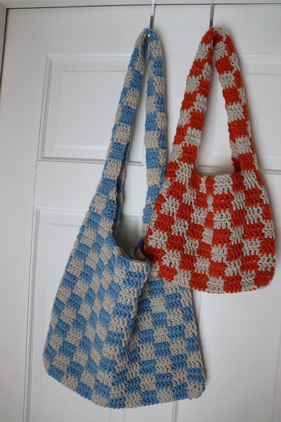 brown crochet checkered bag  Crochet shoulder bags, Crochet bag