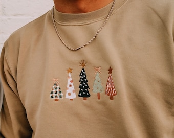 Christmas Sweatshirt, Christmas Sweater, Tan Sweatshirt, Christmas Sweatshirt Embroidered, Christmas Tree Sweatshirt, Christmas Embroidery