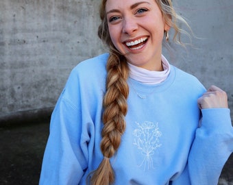 Embroidered Sweatshirt, Embroidered Flower Sweatshirt, Blue Sweatshirt, Blue Embroidered Sweatshirt, Embroidered Hoodie, Flower Sweatshirt