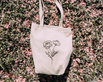 Embroidered Flower Tote Bag, Bouquet Tote bag, Canvas Tote Bag, Flower Market Bag, Canvas Bag, Embroidered shoulder bag