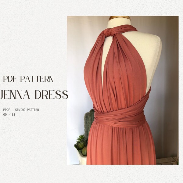 Jenna Infinity Dress PDF Sewing Pattern, Halter Neck & Backless w/ One Shoulder Long Convertible Dress, INSTANT DOWNLOAD English/Spanish