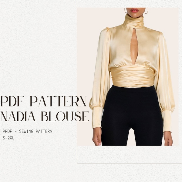 Backless Blouse PDF Sewing Pattern, Vintage Blouse Pattern, Fashion Blouse,  lantern sleeve, XS- 2XL, Instant Download English/Spanish