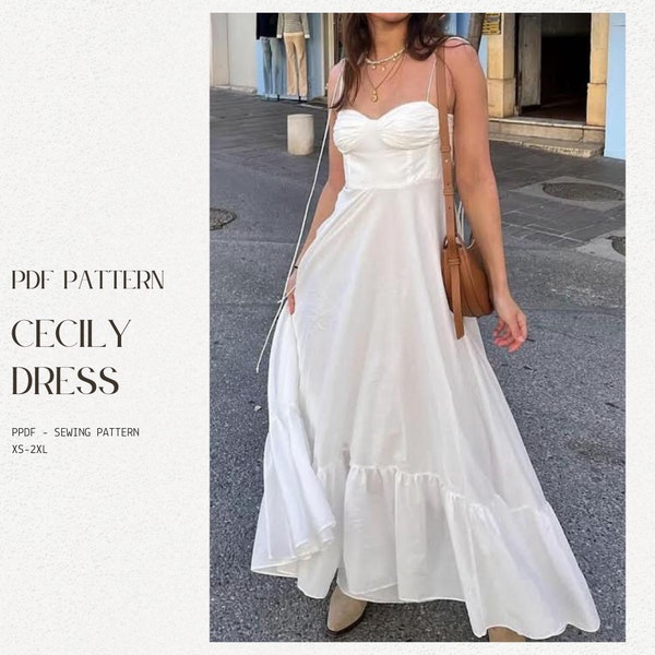 Summer midi dress pattern | Cottage core dress | Mediterranean dress | Coquette dress | Digital PDF Sewing pattern | No instructions