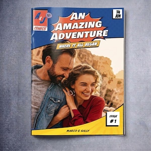 Peut inclure: Une couverture de bande dessinée intitulée An Amazing Adventure Where It All Began montrant un couple souriant. L'en-tête bleu inclut A&J Comics, 12 cents et 14 Jun. La bannière jaune en bas affiche Issue #1 et les noms Marco & Sally.