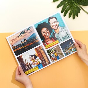 Image of the personalized comic book open on a page with a couple