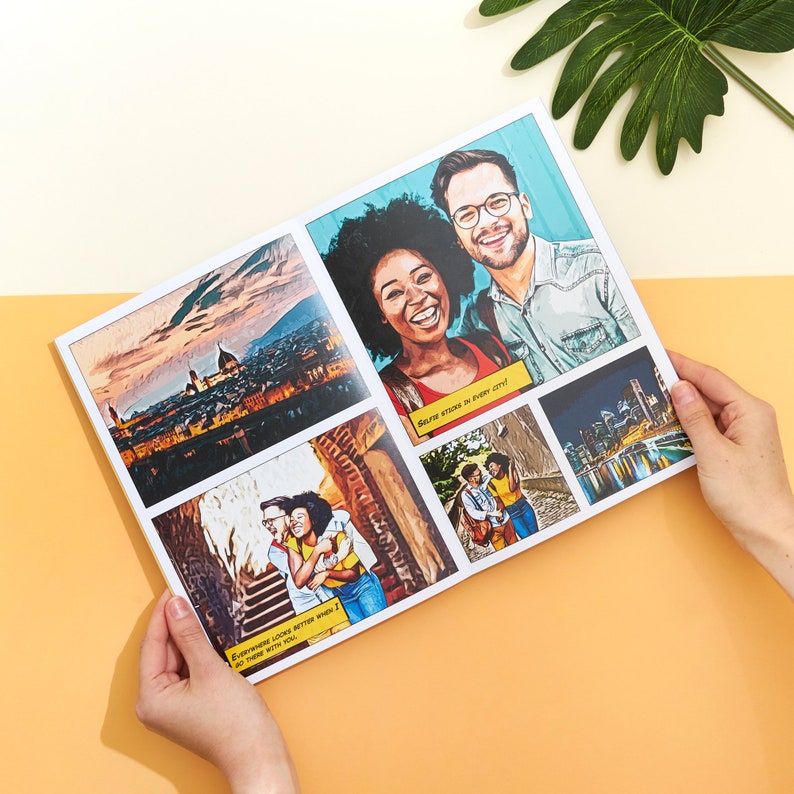 Image of the personalized comic book open on a page with a couple