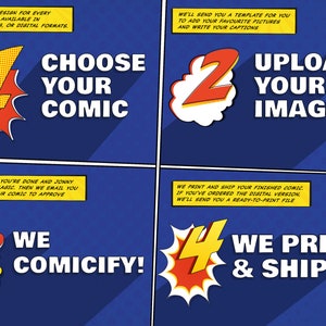 Choose your comic from our designs. We'll send you a template to add your favourite pictures and captions. We comicify! You tell us you're done and Jonny works his magic. We email you a PDF of your comic to approve. We print and ship!