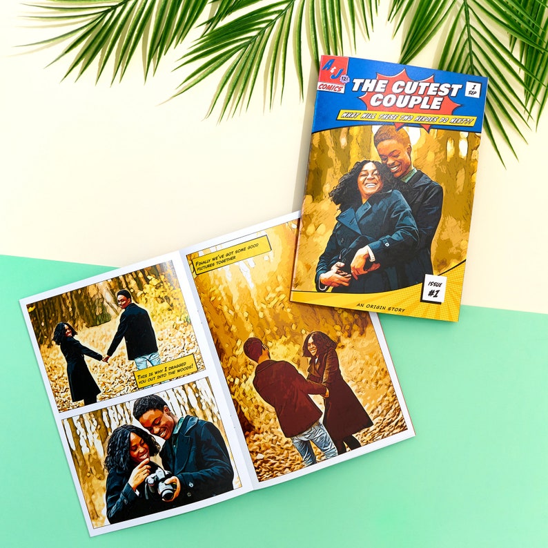 Image of a custom couples comic book with the cover and the inside page