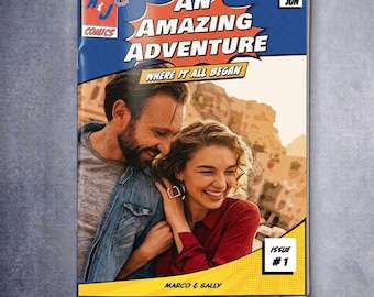 Puede incluir: Una portada de cómic titulada An Amazing Adventure Where It All Began con una pareja sonriente. El encabezado azul incluye A&J Comics, 12 centavos y 14 Jun. La franja amarilla inferior muestra Issue #1 y los nombres Marco & Sally.