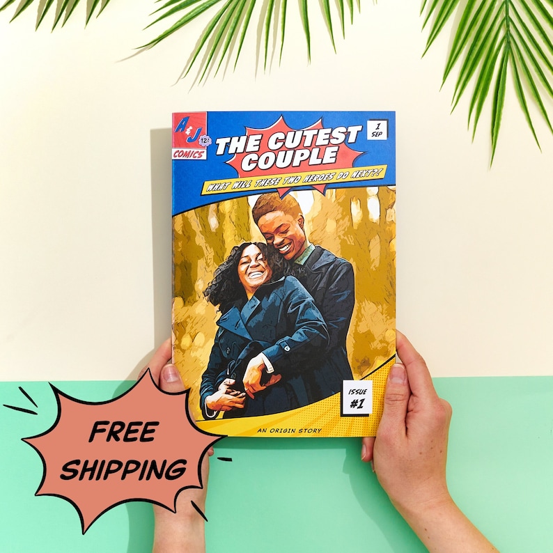 May include: A comic book cover with a blue background and the text "The Cutest Couple" in white. The cover features a couple embracing in a park setting. The comic book is titled "The Cutest Couple" and has the text "What will these two heroes do next?" in white. The comic book is labeled "Issue #1" and "An Origin Story".