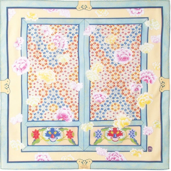 Moran Peony Flower Window Yellow 19" Handkerchief Scarf 100% Cotton Korean Traditional Folk Artist Painting Museum Gift Eternal Love & Luck