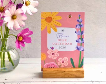 2026 Floral Desk Calendar with Handmade Wooden Stand