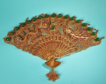 Chinese statue hand-carved sterling silver gilt inlaid gemstone dragon and phoenix cloisonné fan, collectible for use