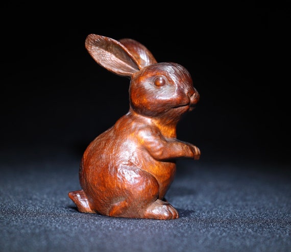 Chinese antique natural boxwood rabbit statues ar… - image 3