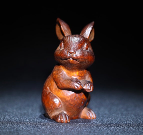 Chinese antique natural boxwood rabbit statues ar… - image 2