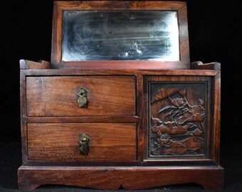 Chinese antique hand-carved rosewood mandarin duck jewelry box can be collected and used