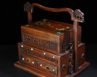 Chinese statue hand-carved pear wood inlaid portable box ornaments, can be collected and used