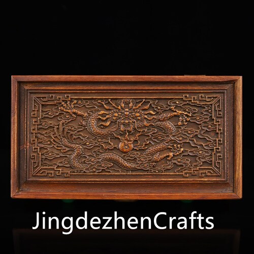 Chinese Antique Hand carved rosewood inlaid gem jewelry box with auspicious shops dragon pattern is worth collecting