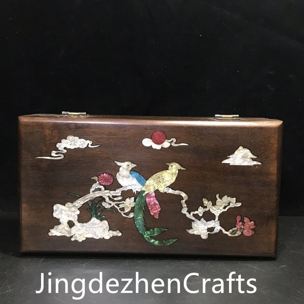 Chinese antique handcrafted large sandalwood inlaid shell magpie Dengmei treasure box ornament, rare and precious