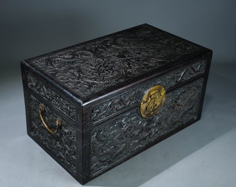 Chinese statue hand-carved rosewood double dragon storage box ornaments, can be collected and used