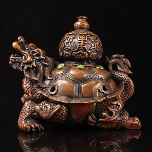 Chinese Exquisite hand-carved Dragon turtle carving brass incense burner 