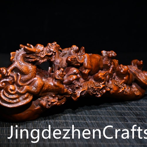 The ancient natural boxwood carved longniu pen holder ornaments and statues are shops handmade, exquisite, rare and collectable