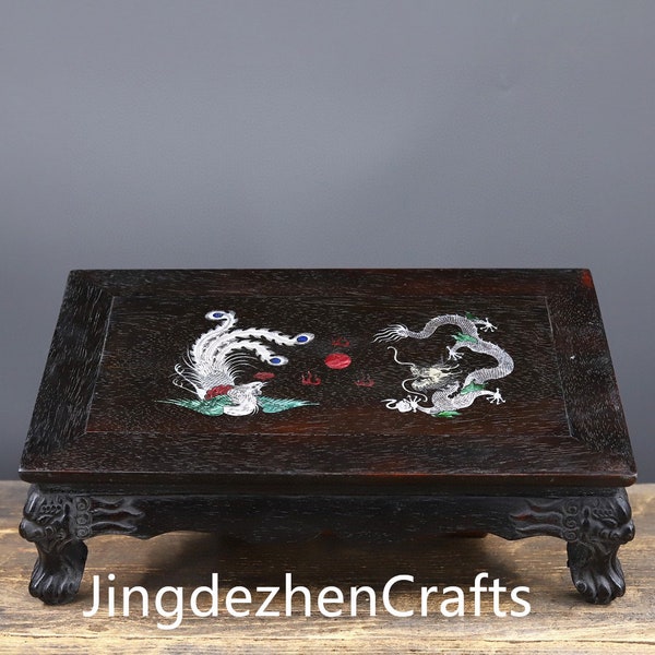 Chinois antique sculpté à la main grande coquille incrustée de palissandre dragon phénix auspicieux tigre leg table ornement