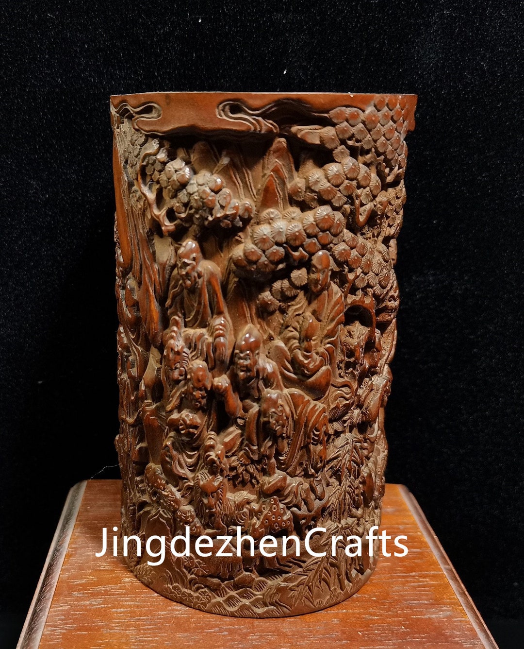 This Antique Natural Boxwood Eighteen Arhat Pen Holder Statue Etsy