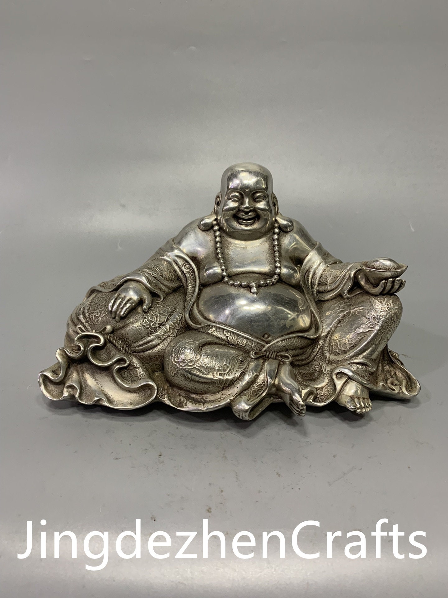 China Collectible Handwork Old miao silver carving  Maitreya Buddha pendant 