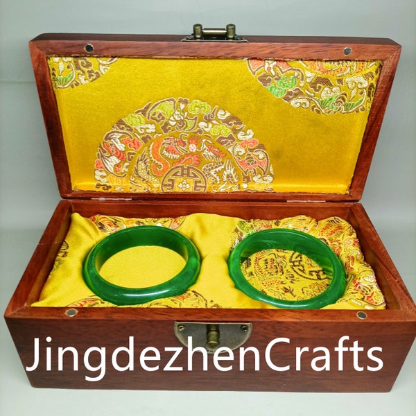 A box of Chinese antique Qing Dynasty Royal natural jade bracelets, hand carved natural jade with old dragon and Phoenix wooden box