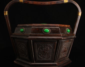 Chinese antique pure hand-carved mahogany inlaid gemstone portable box, exquisite and unique, worthy of collection and use