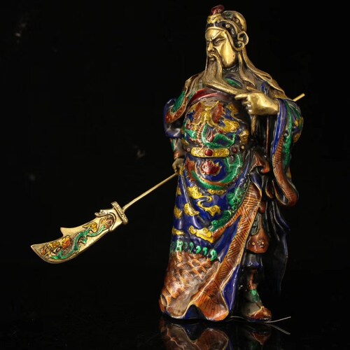 An exquisite collection of ancient Chinese cloisonne bronze shops statues of Guan Gong carved by hand