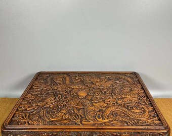 Chinese antique hand-carved big rosewood two dragons playing with beads pattern sewing box ornament