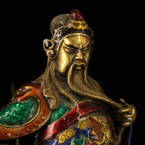 An exquisite collection of ancient Chinese cloisonne bronze shops statues of Guan Gong carved by hand