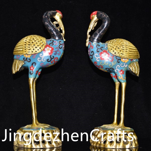 Pair of Chinese antique handmade large pure copper cloisonne filigree gilt ganoderma lucidum crane incense burner ornaments