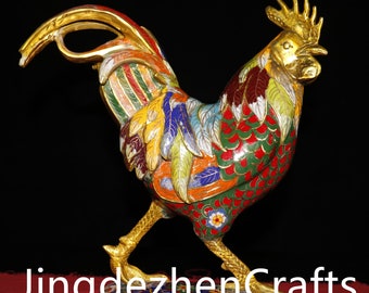 DELICATE CHINESE SILVER COPPER HANDWORK CARVED ROOSTER & COIN STATUE 