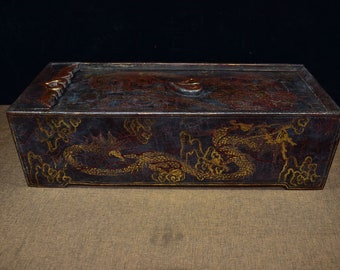 Chinese vintage wooden tire lacquerware with gold-painted Erlong Xizhu pull-out box, precious and exquisite, worthy of collection