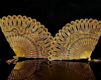 A pair of gilt copper and gemstone fans hand-carved from Chinese statues, highly collectible