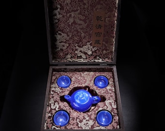 Set da vino con gemma stella blu rara della dinastia Qing intagliata a mano in Cina con scatola, può essere raccolto e utilizzato